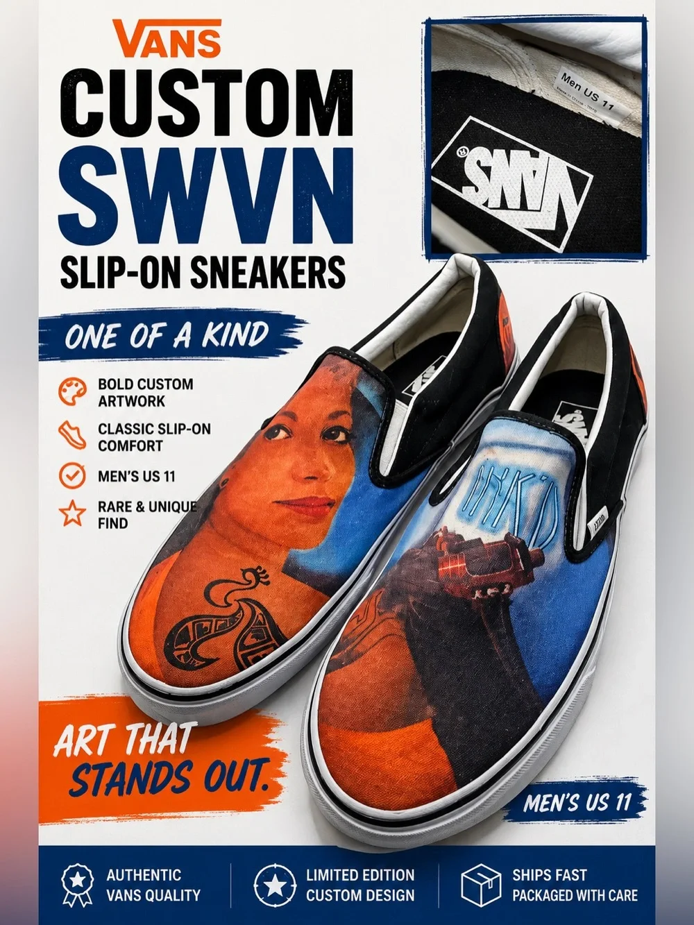 Vans Custom Art Classic Slip-On Sneakers Men’s Size 11 –  Ink’d Graphic Shoes